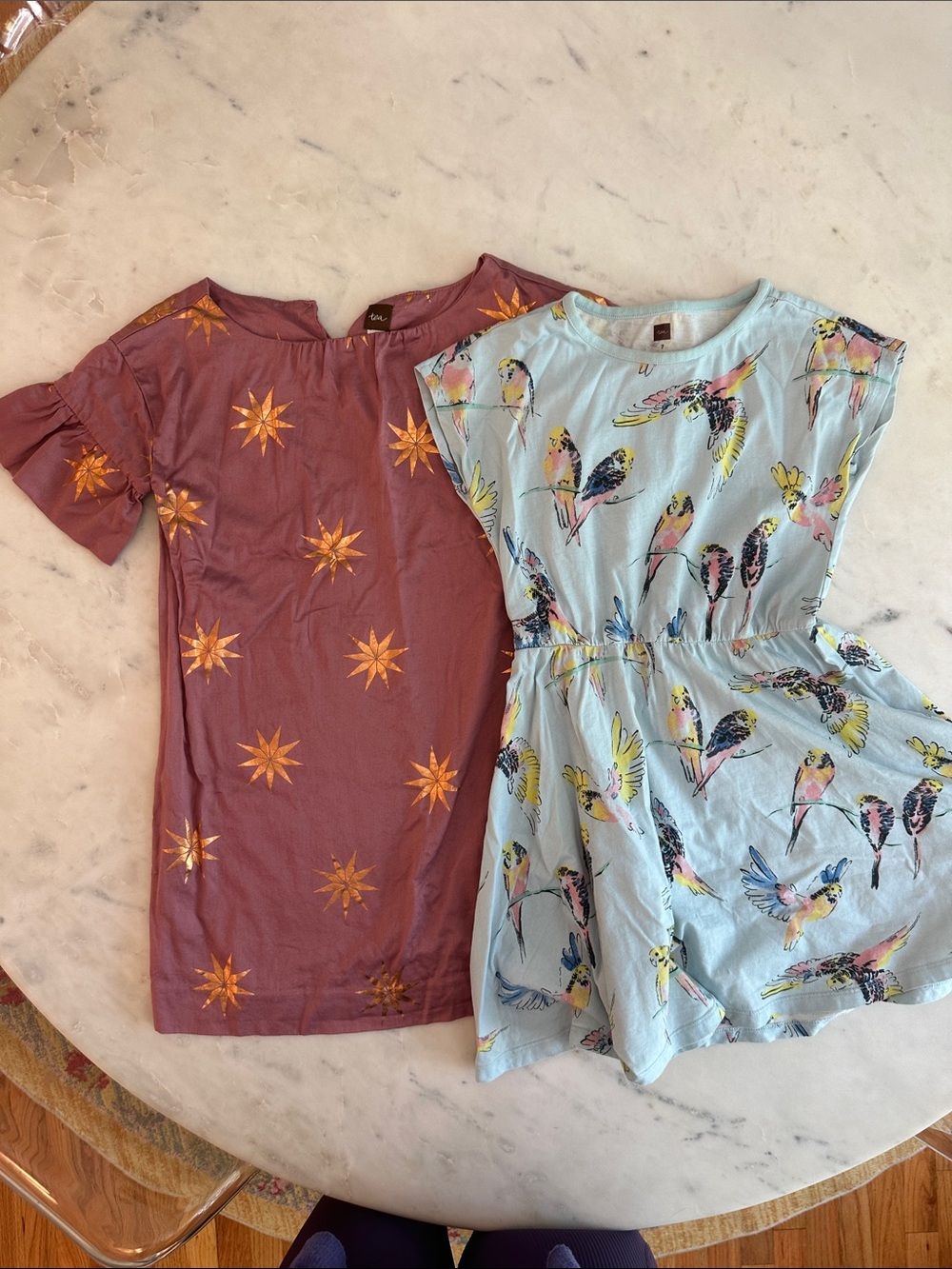 2 Tea Collection Dresses Light Blue Parrot Print Dress & Gold on Mauve Star Set